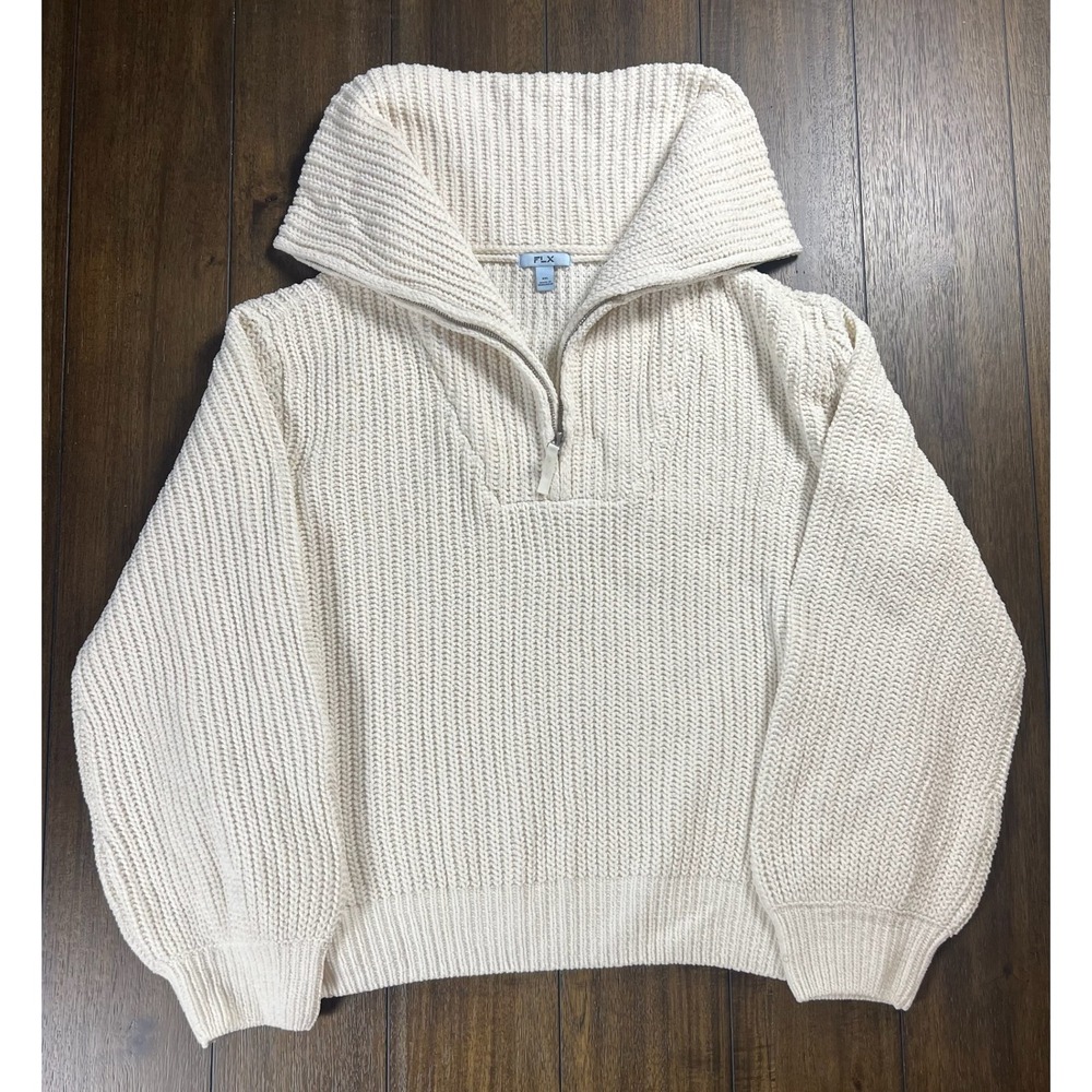 FLX Cream Ribbed Quarter Zip Pullover Sweater XXL Ivory Balloon Sleeve Chunky